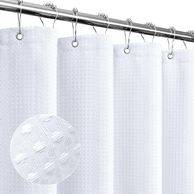 Long White Fabric Shower Curtain, 72 x 78 | Tall Cloth-Textured Shower Curtain for Bathroom, Water Repellent, Machine Washable