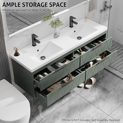 eclife 60" Bathroom Vanities Cabinet with Sink Combo, Wall Mounted Floating Cabinet W/Decor Line, Soft-Close System, 4 Extra Big Drawers, Matte Black Faucet, Gray Green