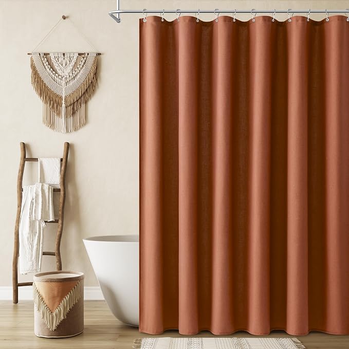 Terracotta Boho Linen Shower Curtain, Country Farmhouse Bath Decor Shower Curtains Neutral Cloth Weighted Textured Fabric Bath Curtain Liner with Hooks, 72x78
