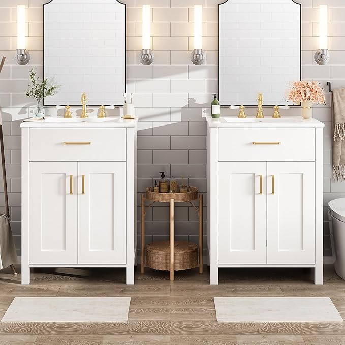 Harper & Bright Designs 48" Bathroom Vanity Set with Double Sink, Free Standing Single Basin Vanity Set with 2 Soft-Close Doors and Drawer, Wood Storage Cabinet with Ceramic Basin for Bathroom, White