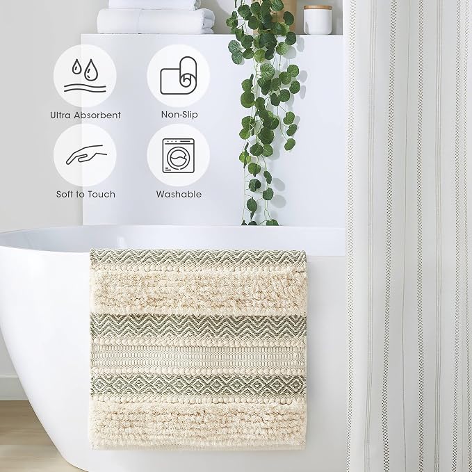 Ink+Ivy Asher Non-Slip Bath Rug Absorbent Quick Dry, 22 x 58, Sage Green | Soft Pile, Machine Washable, Striped Pattern, Boho, OEKO-TEX Certified, Hand-Woven Texture, for Bathroom, Shower Room