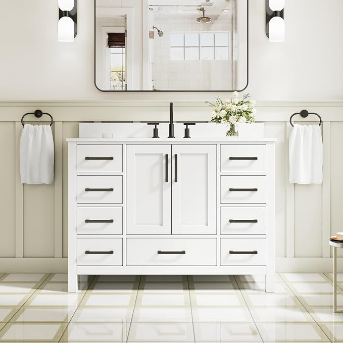 48-Inch Bathroom Vanity with Sink, 2 Soft-Close Doors and 9 Soft-Close Drawers, Bathroom Freestanding Vanity with Cultured Marble Countertop, Bathroom White Vanity with Matte Black Handles