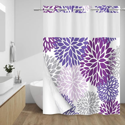 No Hook Floral Shower Curtain with Liner, Purple, 71x74 | Snap in Liner, 3 in 1, Water Repellent, Easy Install, Machine Washable, Hotel Style for Bathroom, Watercolor Pattern