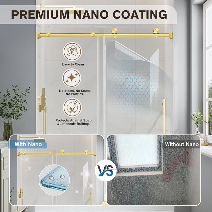 43-48" W x 76" H Frameless Sliding Shower Doors Brushed Gold | 1/4''(6mm) Tempered Glass,Explosion Proof Film,Nano Coating,Stainless Steel Hardware,Easy to Clean,Customizable Width
