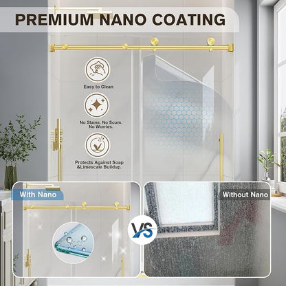 49-54" W x 76" H Frameless Sliding Shower Doors Brushed Gold | 1/4''(6mm) Tempered Glass,Explosion Proof Film,Nano Coating,Stainless Steel Hardware,Easy to Clean,Customizable Width