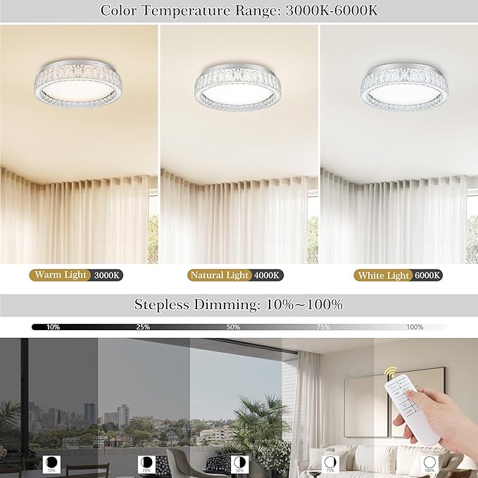 LamQee Crystal Flush Mount Ceiling Light Fixture, Dimmable LED Modern Close to Ceiling Light, Hallway Light Fixtures Round Ceiling Chandelier for Bedroom Kitchen Bathroom Closet Foyer, Small, 9.8 inch
