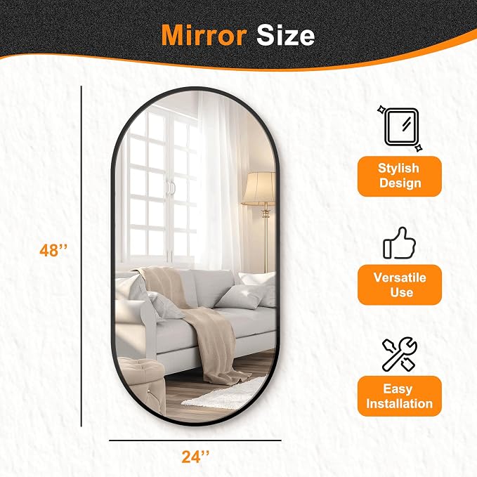 48x24 Black Oval Bathroom Mirror for Over Sink, Aluminum Frame | HD Reflection No Distortion, Aluminum Frame, Mounting Hardware for Vertical or Horizontal Mount