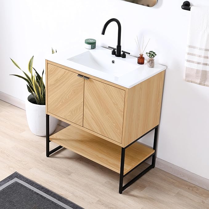 JONATHAN Y VAN1015A Juhl 35 in. W x 18 in. D x 33 in. H Chevron-Front Modern Minimalist 2-Shelf Bathroom Vanity Cabinet Only with Soft Closing Doors (Sink Basin Not Included), Oak