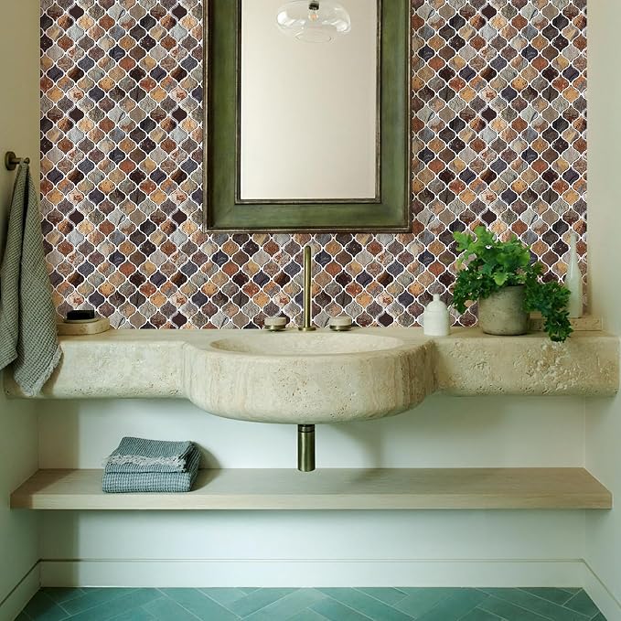 STICKGOO Arabesque Peel and Stick Backsplash, 12”X12” Backsplash Tile for Kitchen Peel and Stick, Self Adhesive Wall Tile Stick on Tiles (Thicker Design, Multicolor Sandstone)