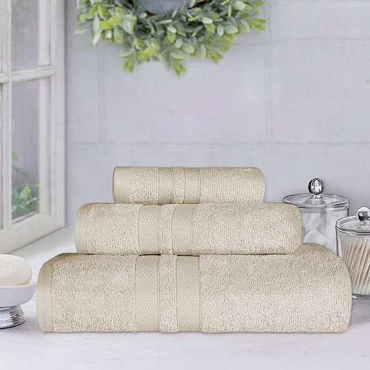 SUPERIOR Ultra-Soft 3-Piece Cotton Towel Set, Daily Use for Bathroom, Guest Room, Quick Dry, Set Includes 1 Bath Towel, 1 Hand Towel, and 1 Washcloth, Essential Plush Towels for Home - Ivory