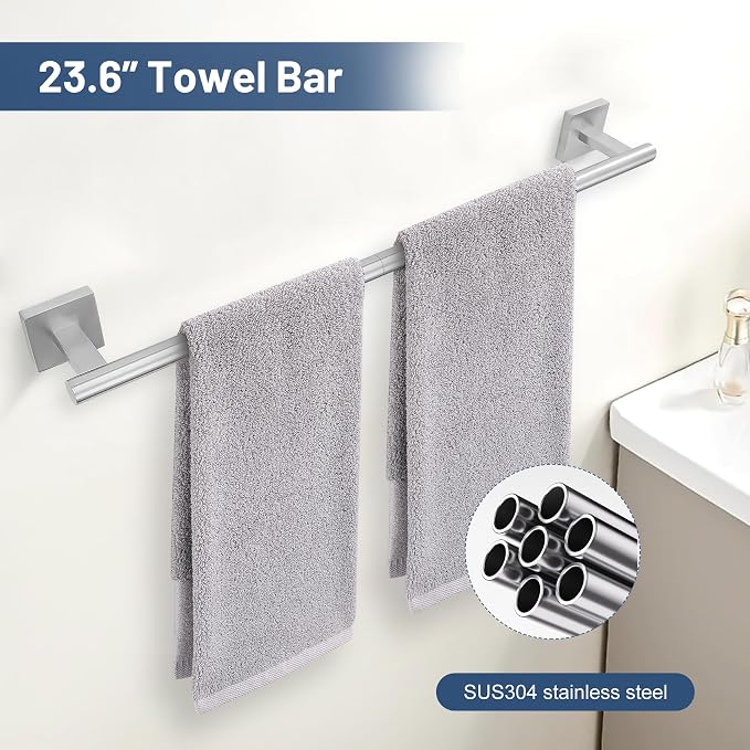TURS Brushed Nickel 5 Piece Bathroom Hardware Accessories Set, SUS304 Stainless Steel Bath Towel Bar Set, 24 Inch Round Bathroom Accessories Kit Wall Mounted