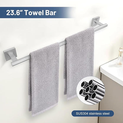 TURS Brushed Nickel 5 Piece Bathroom Hardware Accessories Set, SUS304 Stainless Steel Bath Towel Bar Set, 24 Inch Round Bathroom Accessories Kit Wall Mounted