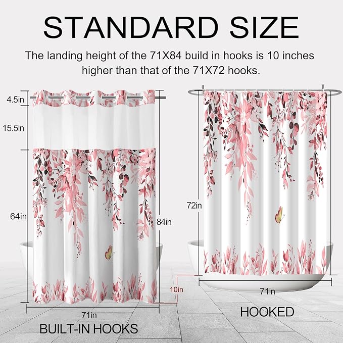 No Hook Shower Curtain and Liner Set, Pink Eucalyptus 71x84 | Floral Design, with Snap in Liner, See-Through Top Window, Waterproof, Machine Washable, Quick-Drying, for Hotel Bathroom