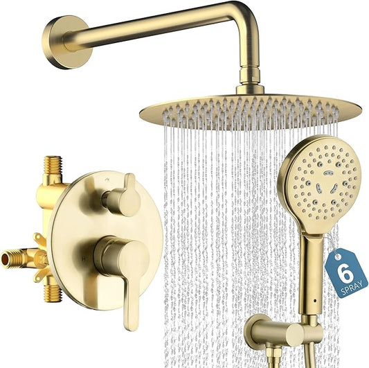 Brushed Gold Shower Faucet Set with Valve 10 Inches High Pressure Shower Head Combo Set Wall Mount Rain Shower Head System with 6 Function Handheld