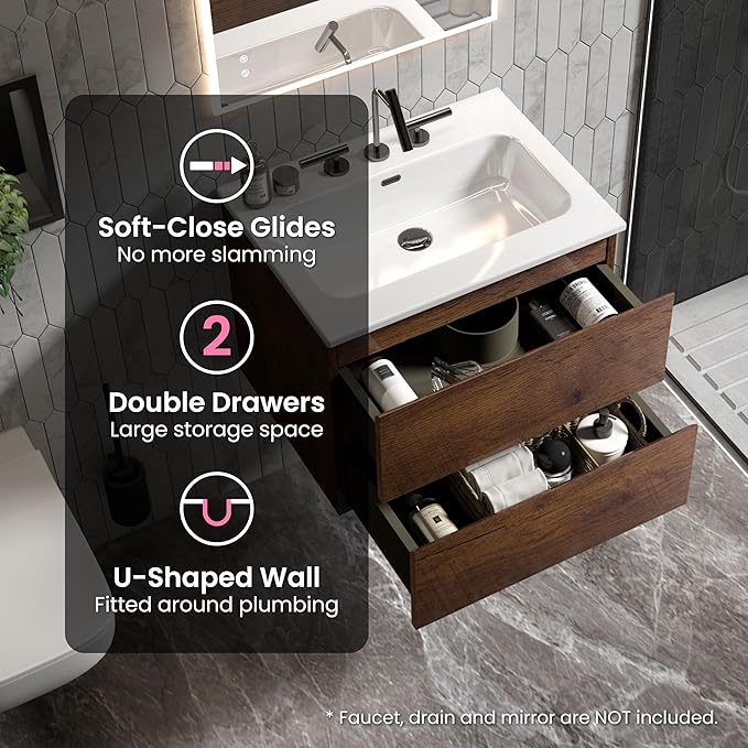 24" Bathroom Vanity with Sink, Modern Floating Vanity with Double Soft Closing Drawers, Large Storage for Small Space, Walnut, Fully Assembled - Iris Collection