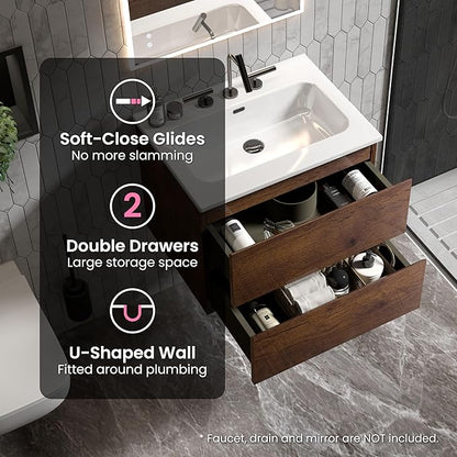 24" Bathroom Vanity with Sink, Modern Floating Vanity with Double Soft Closing Drawers, Large Storage for Small Space, Walnut, Fully Assembled - Iris Collection