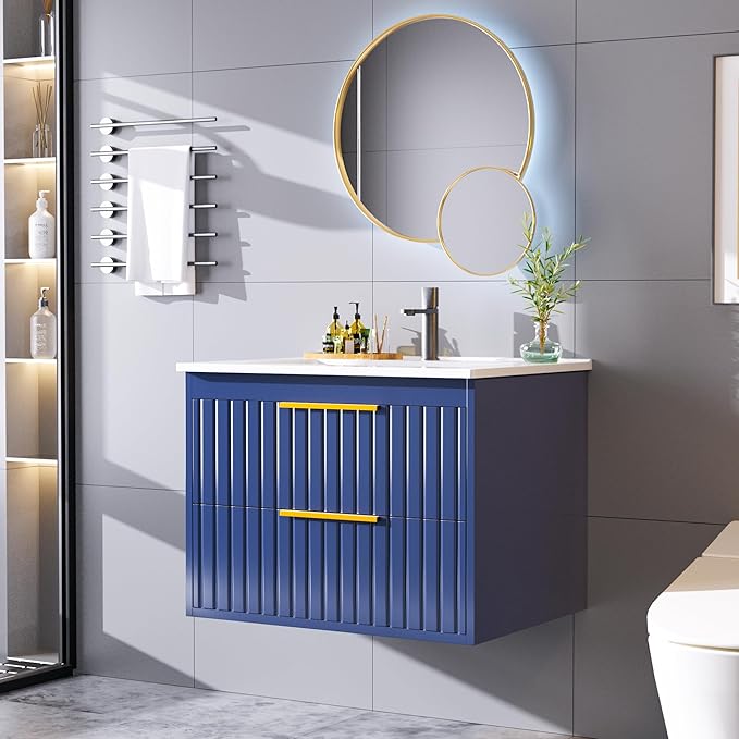 24" Bathroom Vanity with Sink, Floating Vanity Bathroom Sink Cabinet Wall Mount, Soft-Close Function 2 Large Drawers, Grooved Stripe Design, Hidden Damping Drawers, Blue