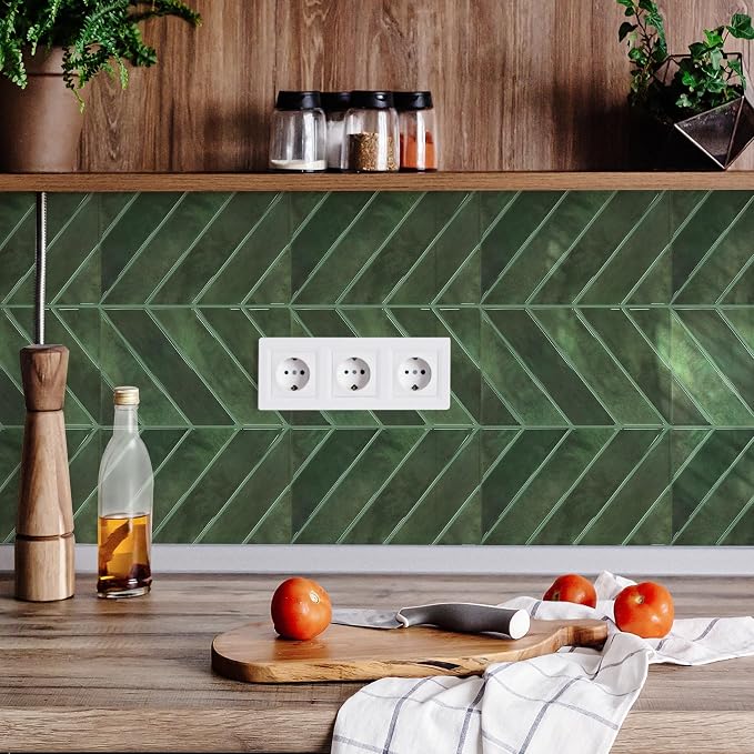 STICKGOO Herringbone Peel and Stick Backsplash, Green, 10 Sheets | 12.6 x 9.7 in, Thicker Rectangular Vinyl Stick-On Wall Tiles, Easy Alignment, Waterproof, Easy to Clean, Kitchen/Bathroom