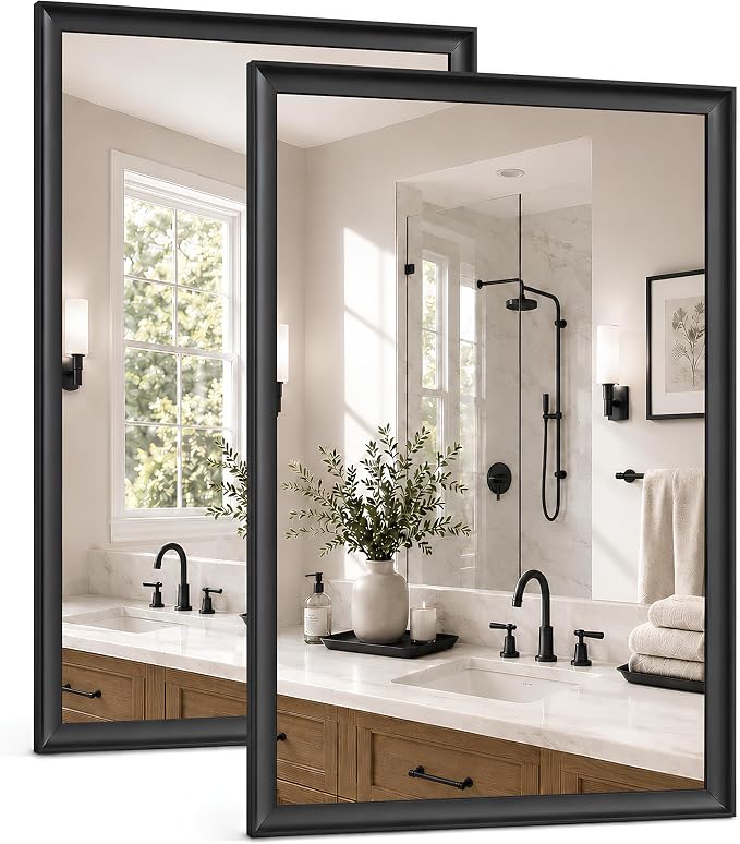 2 Pack 22x30 Inch Matte Black Bathroom Mirror for Over Sink | Curved Aluminum Frame Rectangular Vanity Mirror, HD Tempered Glass, Rust-Resistant Wall Mirror for Bedroom & Entryway