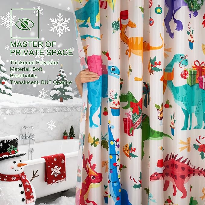 Shower Curtain Christmas, Kids Shower Curtain Santa's Hat Dinosaur Party Gift Box Cake Candy Jingling Bell String Light Xmas Theme Machine Washable Home Farmhouse Waterproof Decor Bathroom Curtain