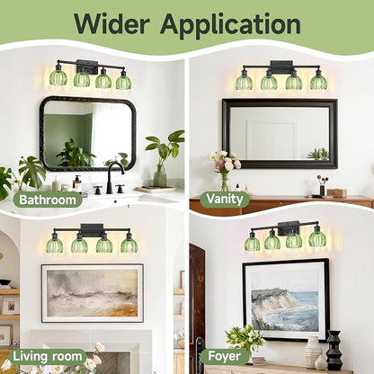 Vanity Lighting Fixtures,4 Light Bathroom Vanity Light,Black Bathroom Light Fixtures Over Mirror,27.2 in Vintage Sconce with Green Tulip Glass Shade for Bedroom,Dressing Table, E26 Base