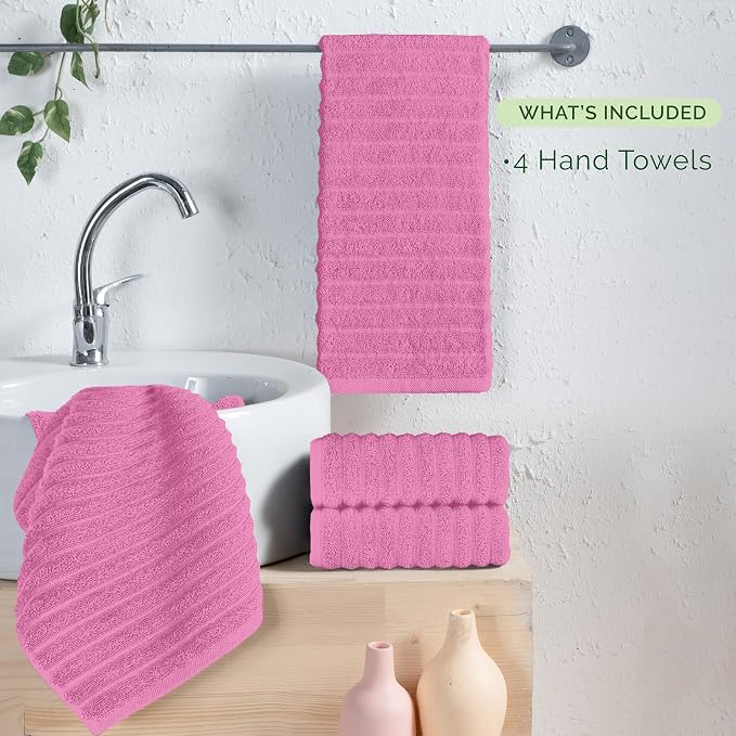 Elegant Comfort Luxury 100% Turkish Cotton Corduroy Ribbed 4 Pack Hand Towel Set 16 x 28 Inch - Absorbent, Super Soft, Quick Dry, Premium Towels for Bathroom, Gym, Spa and Hotel Use, Light Pink