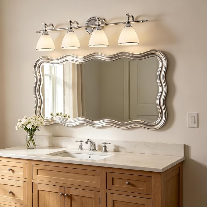 Vanity Lights for Bathroom Over Mirror, Elegant Wall Sconces with Milky White Hand-Painted Frosted Glass Shade, E26 Socket (Bulbs Not Included) (Polished Chrome, 4-Light)