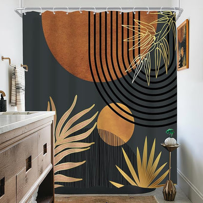 Mid Century Brown Black Boho Abstract Modern Bathroom Shower Curtain Set | 72Wx72L Plant Botanical design, waterproof HD print with fast-drying fabric and 12 hooks.