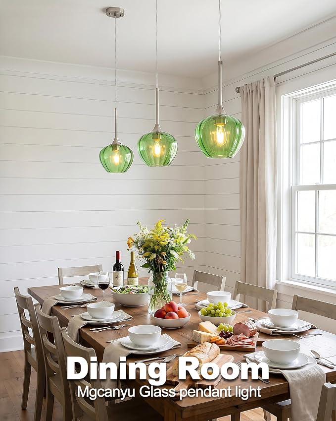 Green Pendant Lights Kitchen Island, 7.7" Vintage Glass Pendant Lighting with Brushed Nickel Adjustable Hanging Light Fixtures for Kitchen, Dining Room, Sink, Bathroom