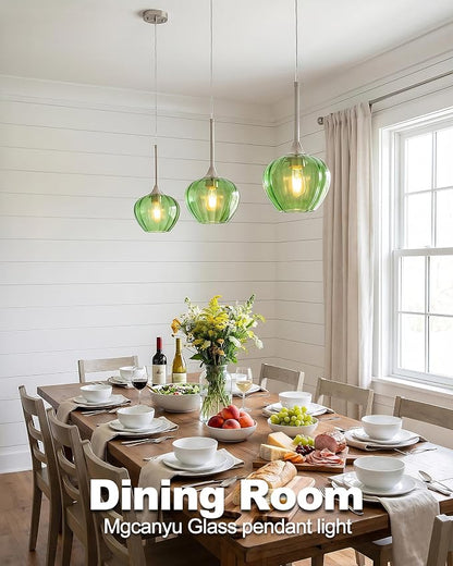 Green Pendant Lights Kitchen Island, 7.7" Vintage Glass Pendant Lighting with Brushed Nickel Adjustable Hanging Light Fixtures for Kitchen, Dining Room, Sink, Bathroom