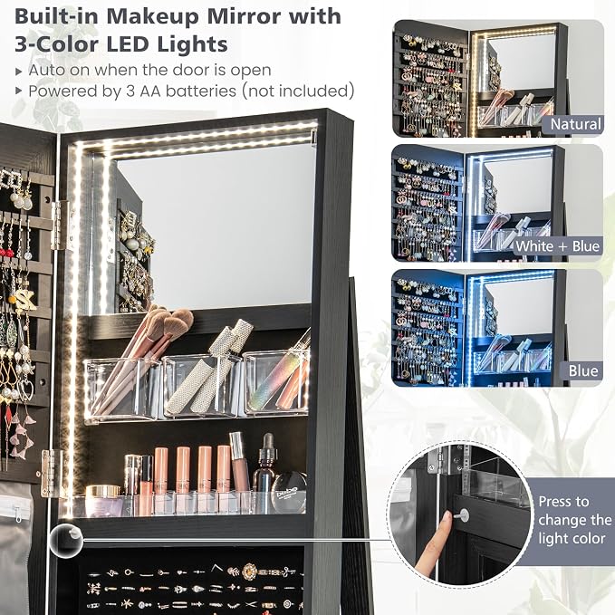 MAT EXPERT 360° Rotating Jewelry Armoire, Lockable Freestanding Jewelry Organizer w/Full-length Mirror, 3-Color LED Lights, Rear Storage Shelves, Mirror Jewelry Cabinet for Bedroom (Black)
