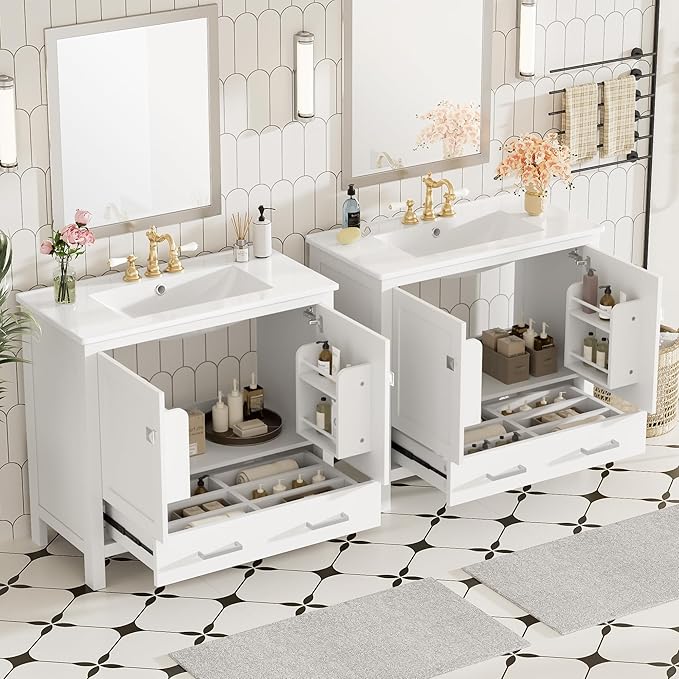 72" White Bathroom Vanity with Double Sink, 72 Inch Bathroom Vanity Set with Double Vanities (Separate), 2 Bathroom Vanities with Sink, Storage Shelf, and Divided Drawers (Mirror not included)