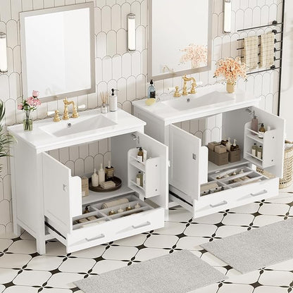 72" White Bathroom Vanity with Double Sink, 72 Inch Bathroom Vanity Set with Double Vanities (Separate), 2 Bathroom Vanities with Sink, Storage Shelf, and Divided Drawers (Mirror not included)