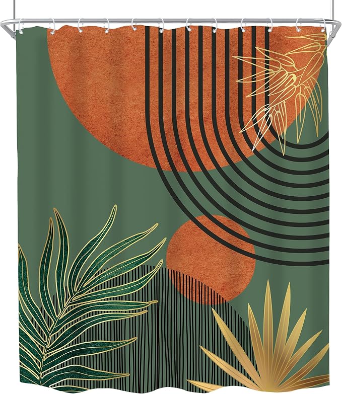 Mid Century Green Orange Boho Abstract Modern Bathroom Shower Curtain Set | 60Wx72L Sun Arch design, waterproof HD print with fast-drying fabric and 12 hooks.