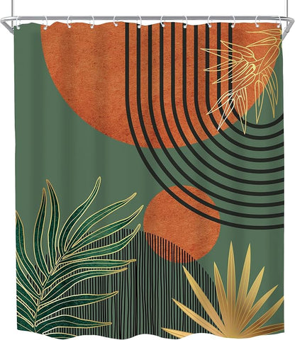 Mid Century Green Orange Boho Abstract Modern Bathroom Shower Curtain Set | 60Wx72L Sun Arch design, waterproof HD print with fast-drying fabric and 12 hooks.