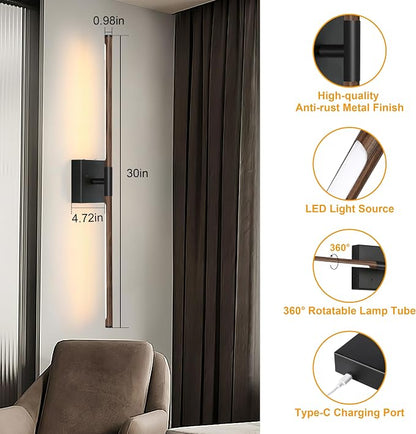 Morauroral Walnut Black Battery Operated Wall Sconces with Remote Control, Rechargeable Wall Sconces Set of 2, LED Sconces Wall Lighting, Wireless Wall Lights for Bedroom, Living Room, Background Wall