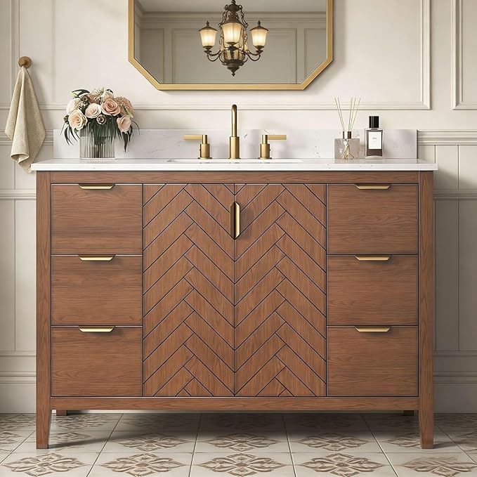 48 Inch Bathroom Vanity with Sink, No Assembly Required Single Sink Bathroom Vanity with Soft Close Doors & Dovetail Drawers, Solid Wood Bathroom Vanities, Engineered Stone Top, Walnut