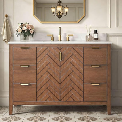 48 Inch Bathroom Vanity with Sink, No Assembly Required Single Sink Bathroom Vanity with Soft Close Doors & Dovetail Drawers, Solid Wood Bathroom Vanities, Engineered Stone Top, Walnut