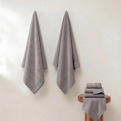 Modern Threads 6 Piece Cotton Bath Towel Set – Ultra Soft 550 GSM Towels – Bathroom Set with Hand Towels and Washcloths – Diamond Border (Silver Cloud)
