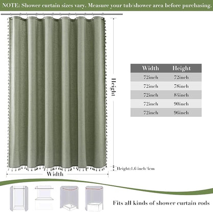 Extra Long Sage Green Boho Linen Shower Curtain 96 Inch Length Neutral Faux Linen Simple Tassel Hotel Style Cloth Bath Curtain Set with Hooks Vintage Country Decor for Bathroom 72x96, Green