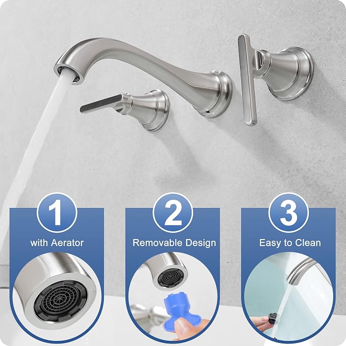 Brass Wall Mount Tub Filler, High Flow 8" Spout Reach Brushed Nickel Bathtub Faucet, 2 Handles Tub Faucets, Rough in Valve Included