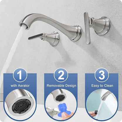 Brass Wall Mount Tub Filler, High Flow 8" Spout Reach Brushed Nickel Bathtub Faucet, 2 Handles Tub Faucets, Rough in Valve Included