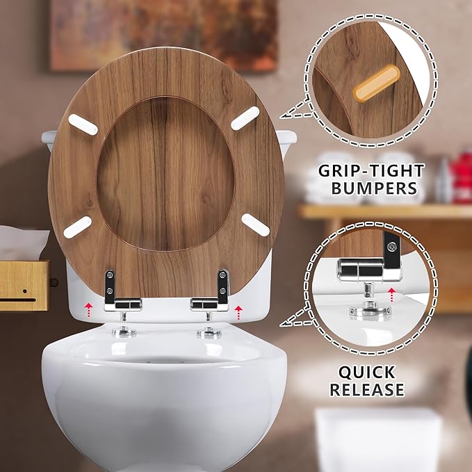 Round Toilet Seat Molded Wood Toilet Seat with Quietly Close and Quick Release Hinges, Easy to Install also Easy to Clean by Angol Shiold (Round, Natural)