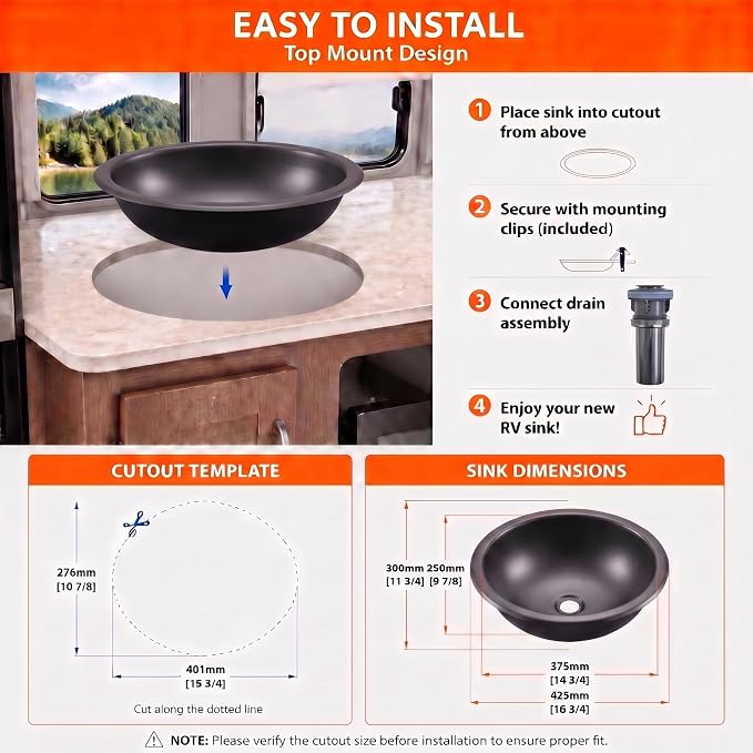 LQS Black Oval RV Sink, 16.73 x 11.81 Inch Stainless Steel RV Bathroom Sink | Drop-In RV Kitchen Sink for Campers, Compact Black Bathroom Sink with 5.12-Inch Bowl and Pop-Up Drain Assembly Included
