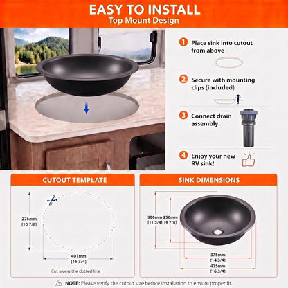LQS Black Oval RV Sink, 16.73 x 11.81 Inch Stainless Steel RV Bathroom Sink | Drop-In RV Kitchen Sink for Campers, Compact Black Bathroom Sink with 5.12-Inch Bowl and Pop-Up Drain Assembly Included
