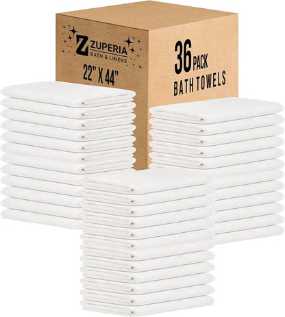ZUPERIA White Bath Towels Bulk 36 Pack (22 x 44 Inches) - 100% Cotton Economy Light Weight Towels for Commercial Use - Quick Dry, Ultra-Soft, and Absorbent Bulk Towels