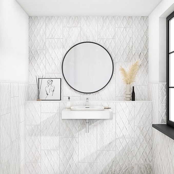 Daltile Perpetuo 12" x 24" Marble Look Ceramic Multi-Geometric Wall Tile in Satin Timeless White for Kitchen Backsplashes, Living Room or Bathroom Walls | (8 PC Per Carton) (15.52 SQFT Per Carton)
