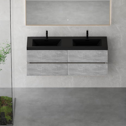 60" Floating Bathroom Vanity with Double Sink, Modern Wall-Mounted Bathroom Storage Vanity Cabinet with Two Black Quartz Sand Top Basins and Four Soft Close Drawers, Cement Grey