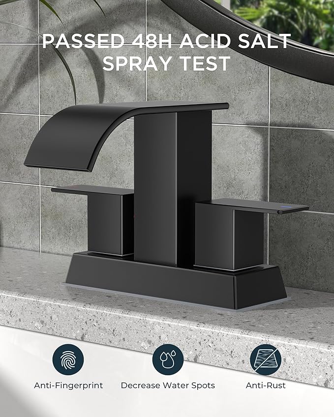 FORIOUS 4 Inch Centerset Matte Black Bathroom Faucet, 2 or 3 Hole Waterfall Square Bathroom Sink Faucet with Metal Pop-up Drain and Supply Lines, Two Handles for Vanity, Lavatory Room, Pedestal