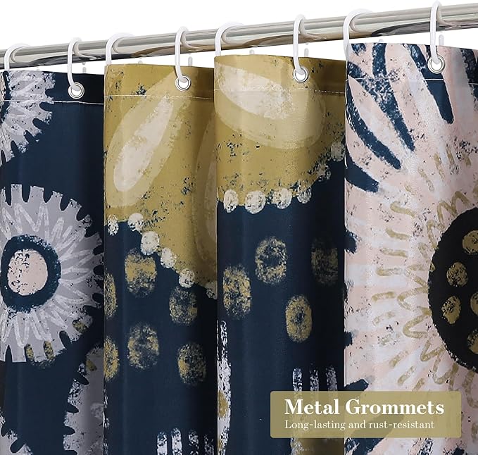 Boho Floral Shower Curtain, Dark Blue Botanical Fabric Curtain, 72 x 72 | Boho Chic Floral, Vintage Botanical, Modern Farmhouse, Eclectic Rustic, Colorful Flowers, Fabric Shower Curtain